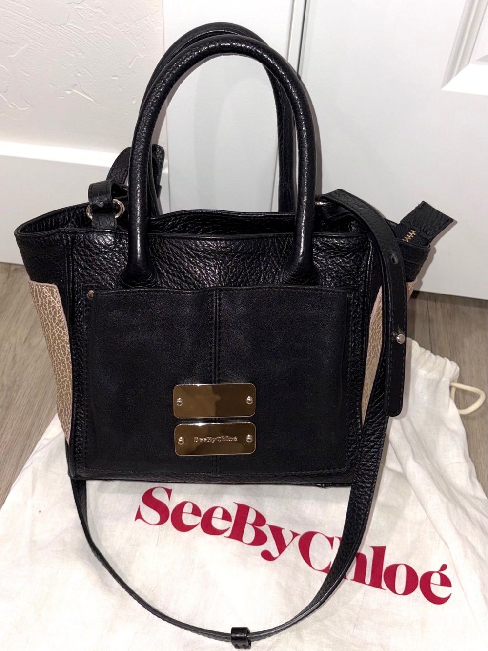 See By Chloe "Nellie" Black Satchel VG Cond w Gold Side Panels & Gold Hardware